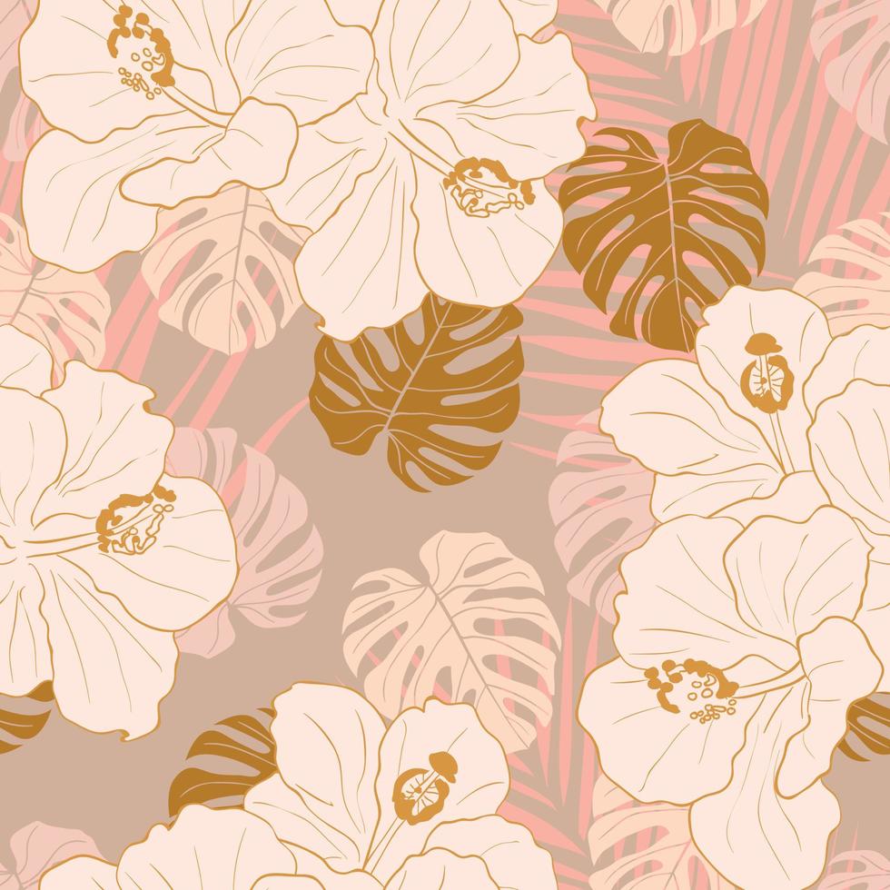 Hibiscus flowers and leaves seamless pattern background. Tropical nature wrapping paper or textile design. Beautiful print with hand-drawn exotic flower. vector