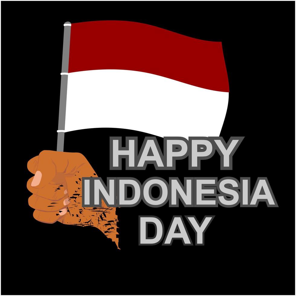 diseño vectorial de saludo feliz día de indonesia con las manos sosteniendo la bandera indonesia. fondo negro vector