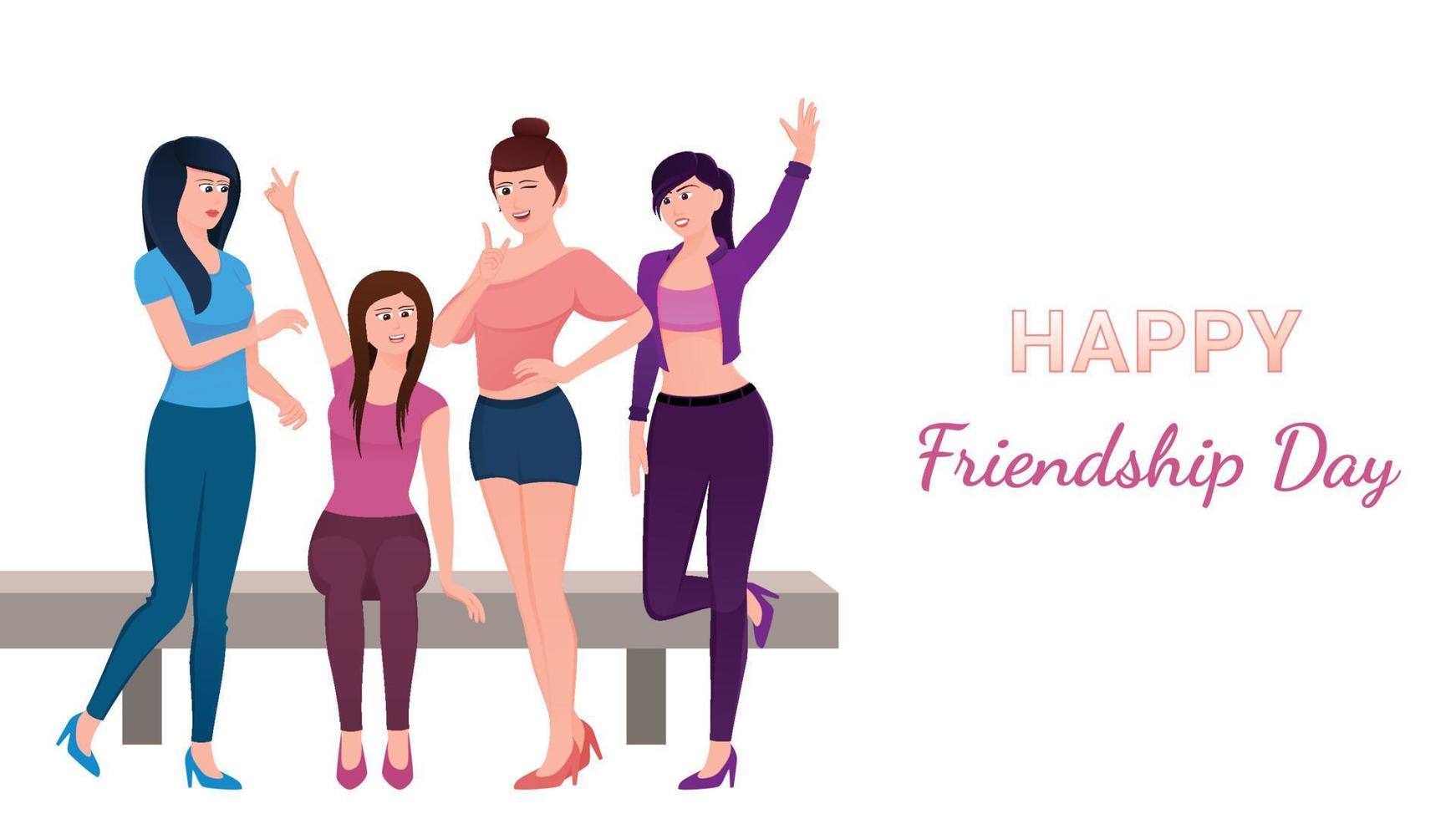 Happy friendship day, Four girl cartoon character flat vector illustration on white background.