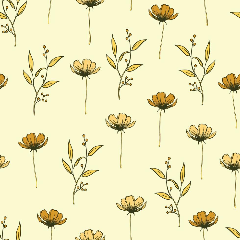Modern wildflowers seamless pattern design. Seamless pattern with spring flowers and leaves. Hand-drawn background. floral pattern for wrapping paper or fabric. Botanic Tile. vector
