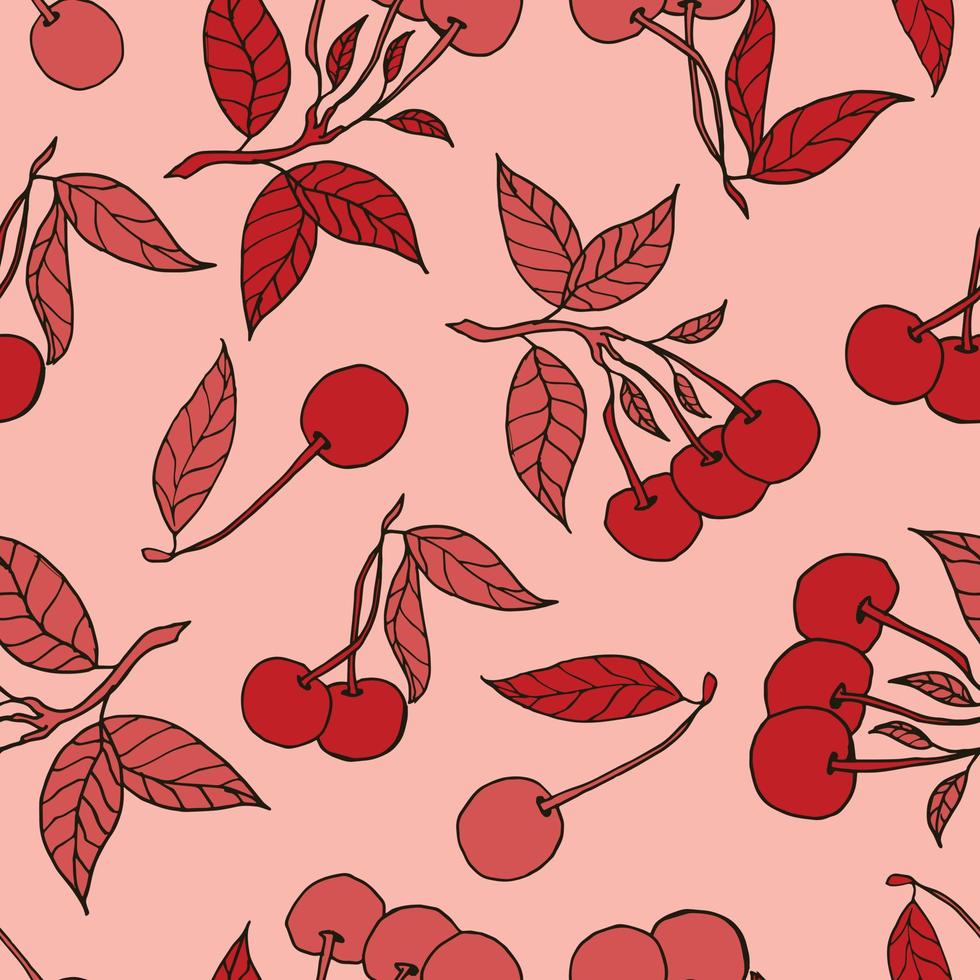 Cherries seamless pattern design. Beautiful tropical berries background. Tropical fruits and leaves seamless pattern background. Good for prints, wrapping paper, textile and fabric. vector