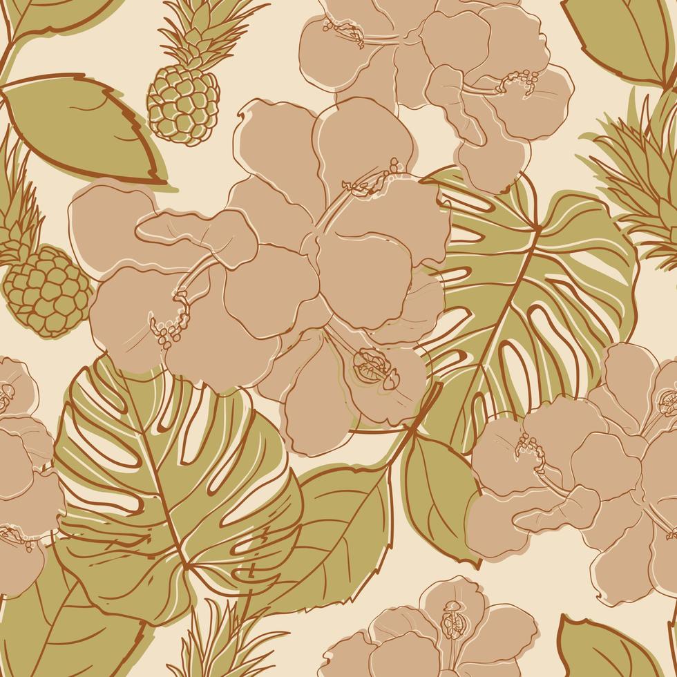 Tropical hibiscus, palm leaves, monstera, pineapple seamless pattern background. Exotic jungle wrapping paper. Beautiful print with hand drawn exotic plants. Summer design for fashion, print vector