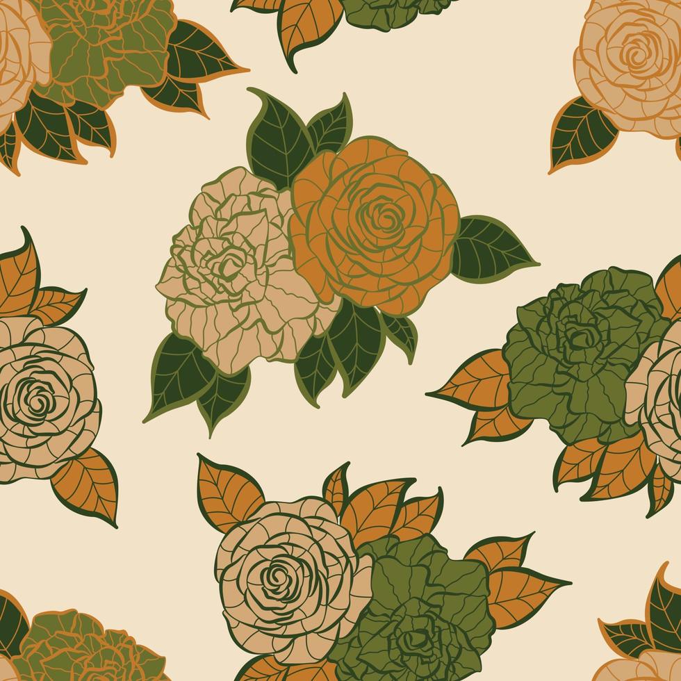 Modern tropical rose flowers seamless pattern design. Seamless pattern with spring flowers and leaves. Hand drawn background. floral pattern for wallpaper or fabric. Botanic Tile. vector