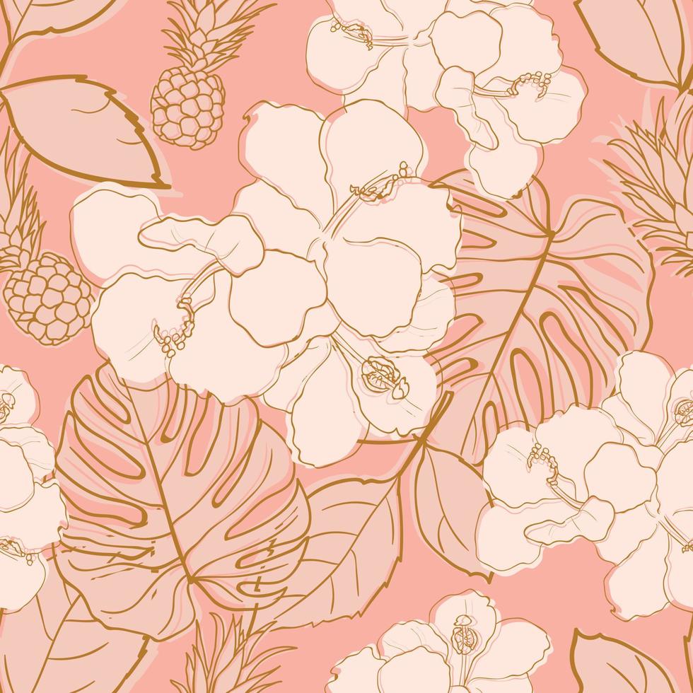 Tropical hibiscus, palm leaves, monstera, pineapple seamless pattern background. Exotic jungle wrapping paper. Beautiful print with hand drawn exotic plants. Summer design for fashion, print vector