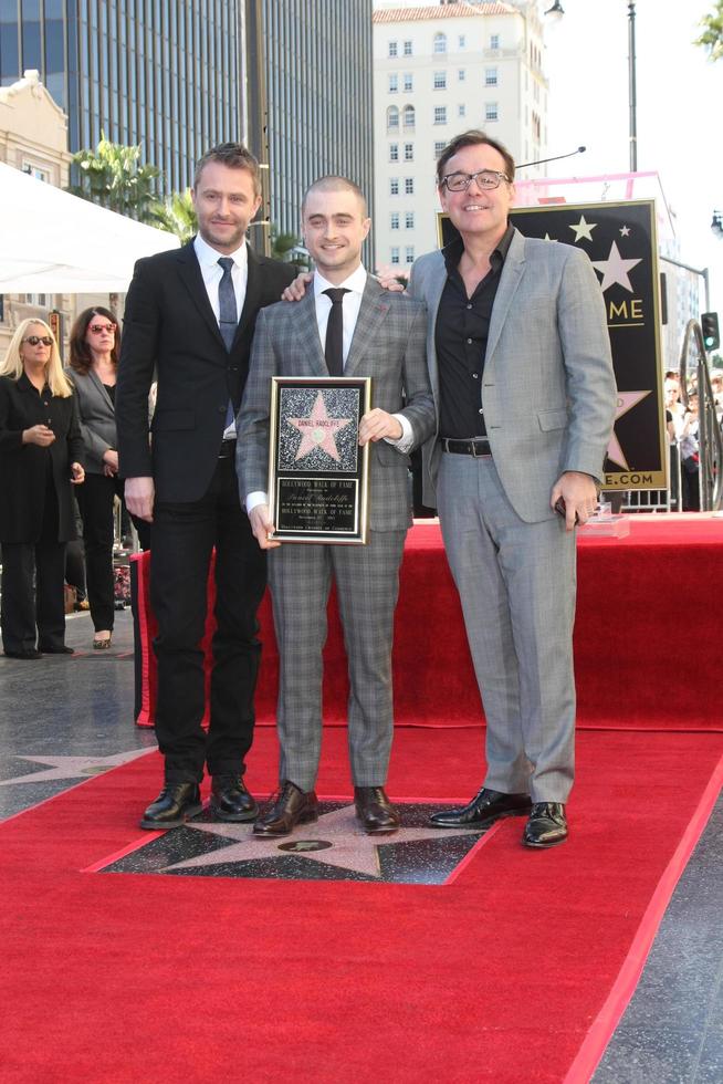 LOS ANGELES, NOV 12 - Chris Hardwick, Daniel Radcliffe, Chris Columbus at the Daniel Radcliffe Hollywood Walk of Fame Ceremony at the Hollywood Walk of Fame on November 12, 2015 in Los Angeles, CA photo