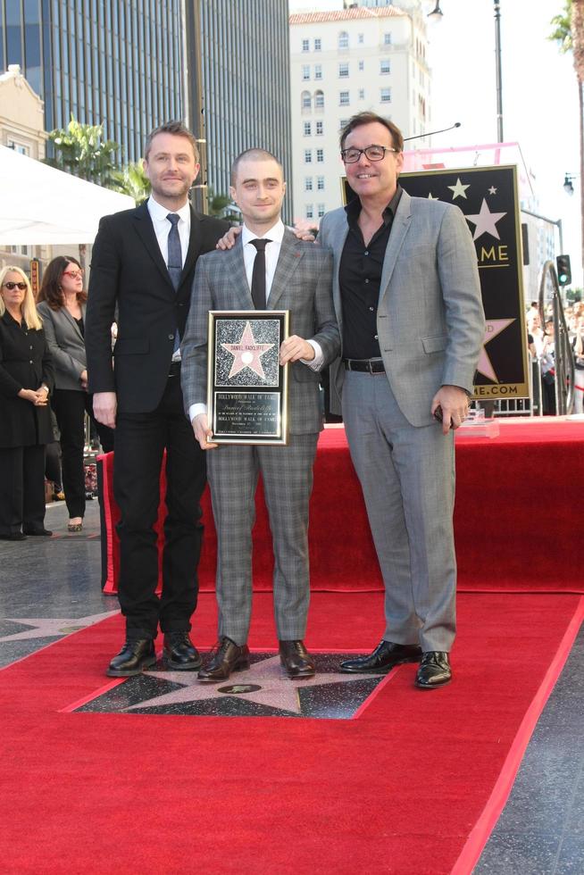 LOS ANGELES, NOV 12 - Chris Hardwick, Daniel Radcliffe, Chris Columbus at the Daniel Radcliffe Hollywood Walk of Fame Ceremony at the Hollywood Walk of Fame on November 12, 2015 in Los Angeles, CA photo