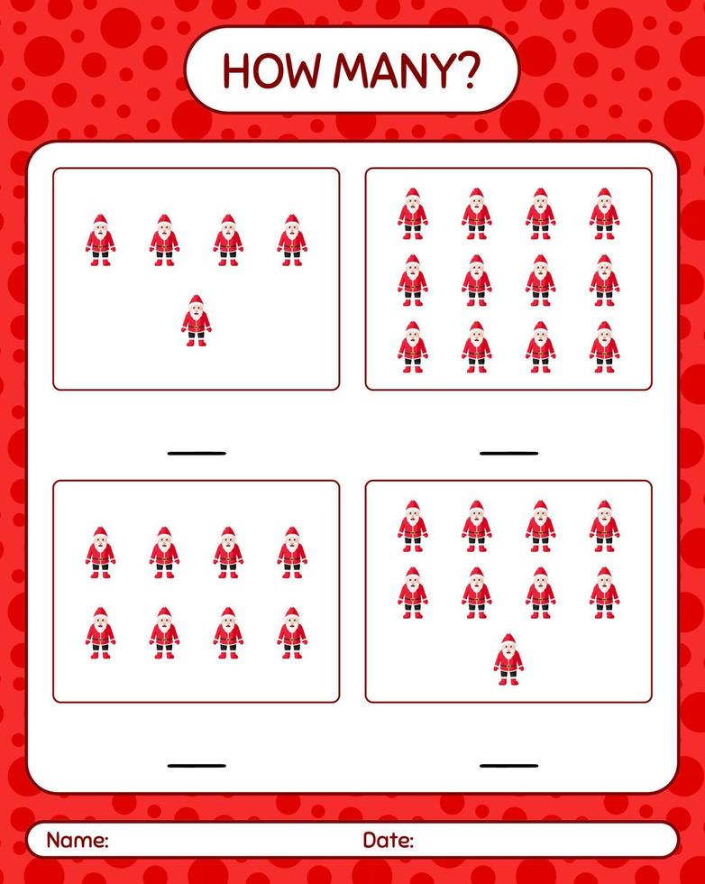 How many counting game with , santa claus. worksheet for preschool kids, kids activity sheet vector