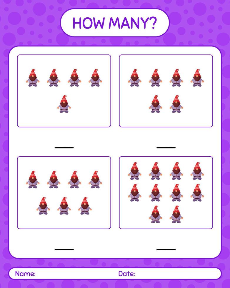 How many counting game with gnome. worksheet for preschool kids, kids activity sheet vector