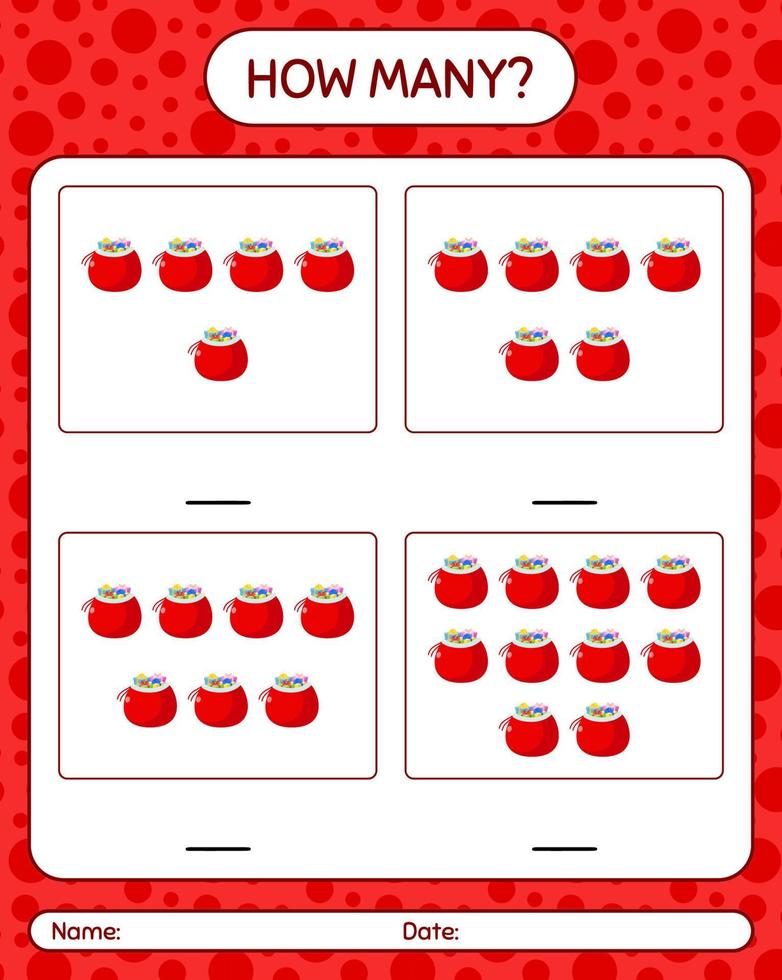 How many counting game with santa's bag. worksheet for preschool kids, kids activity sheet vector