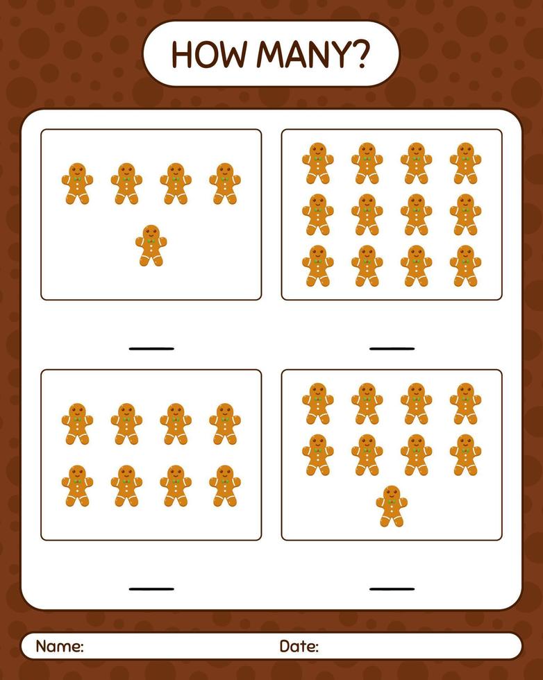 How many counting game with gingerbread cookie. worksheet for preschool kids, kids activity sheet vector