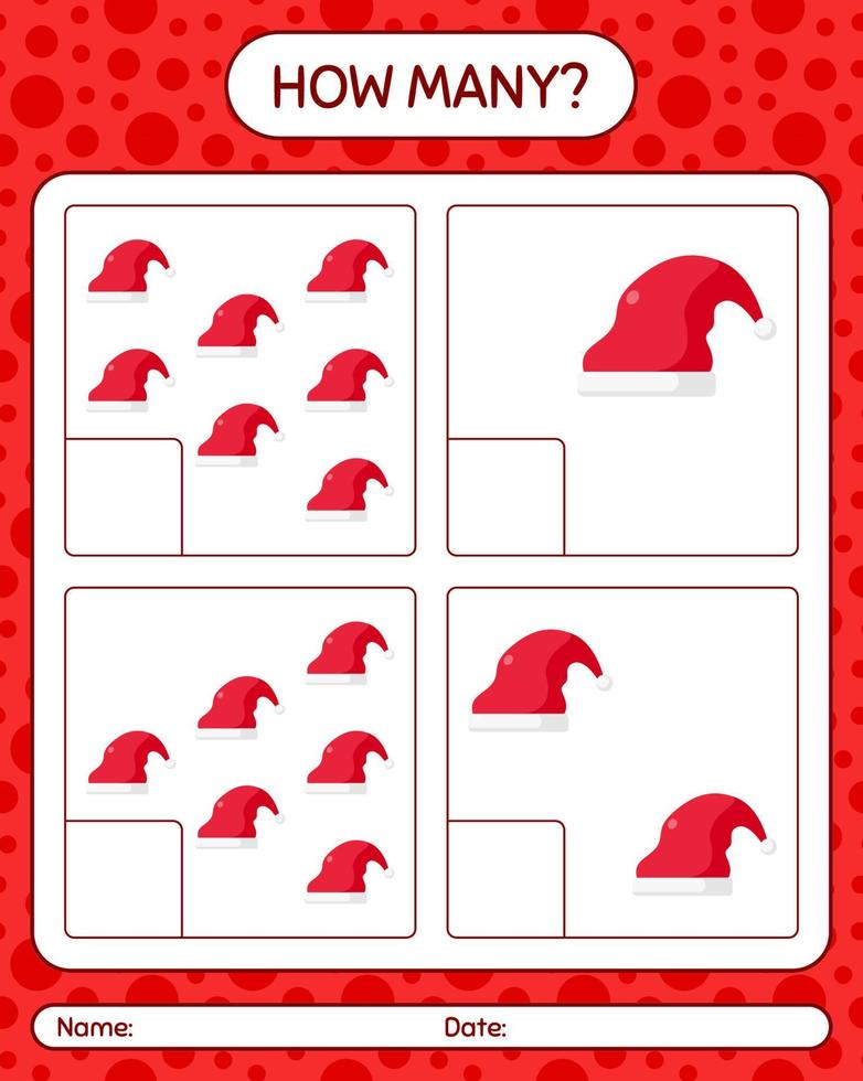 How many counting game with santa hat. worksheet for preschool kids, kids activity sheet vector