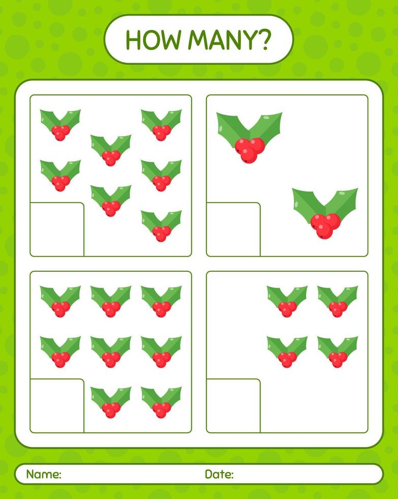 How many counting game with holly berry. worksheet for preschool kids, kids activity sheet vector