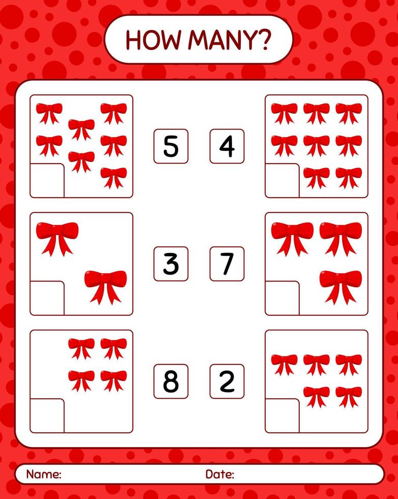 How many counting game with ribbon. worksheet for preschool kids, kids activity sheet vector