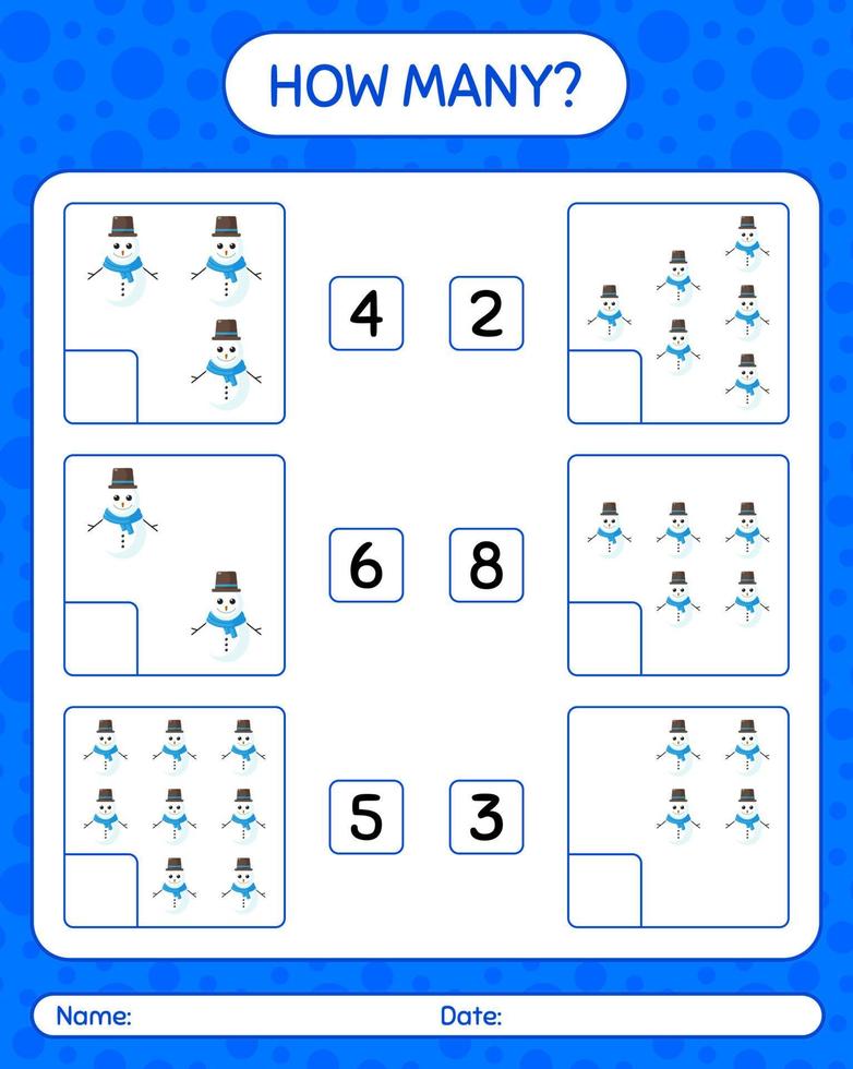 How many counting game with snowman. worksheet for preschool kids, kids activity sheet vector