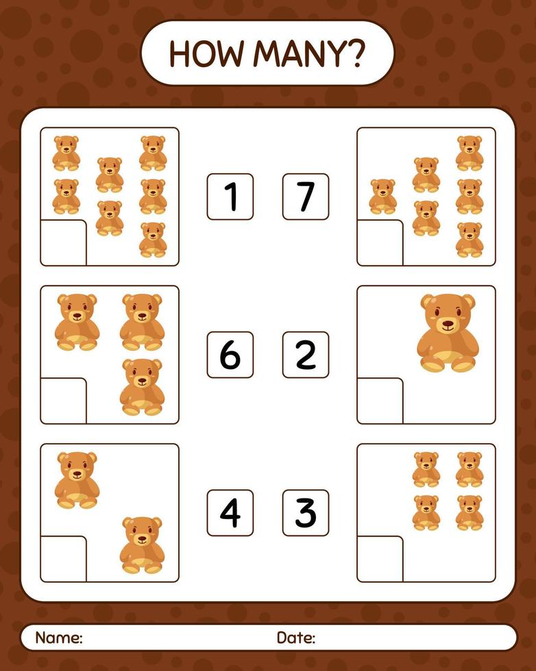 How many counting game with teddy bear. worksheet for preschool kids, kids activity sheet vector