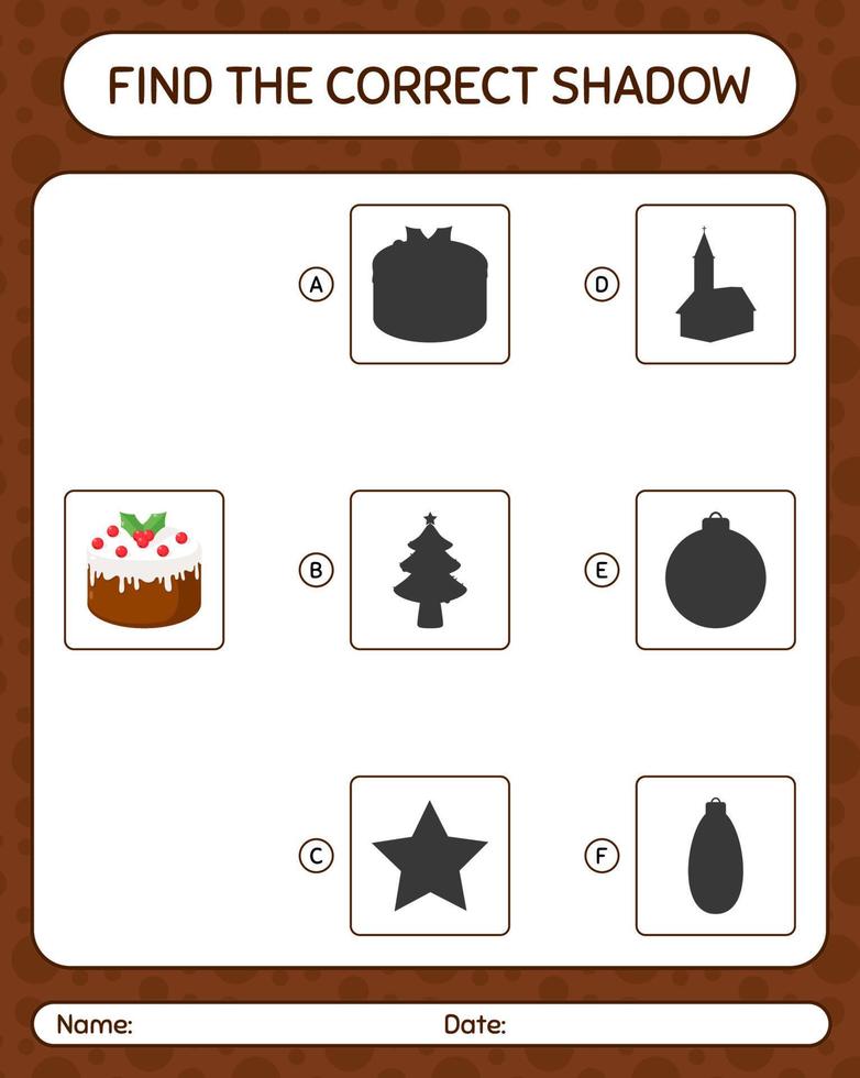 Find the correct shadows game with christmas cake. worksheet for preschool kids, kids activity sheet vector