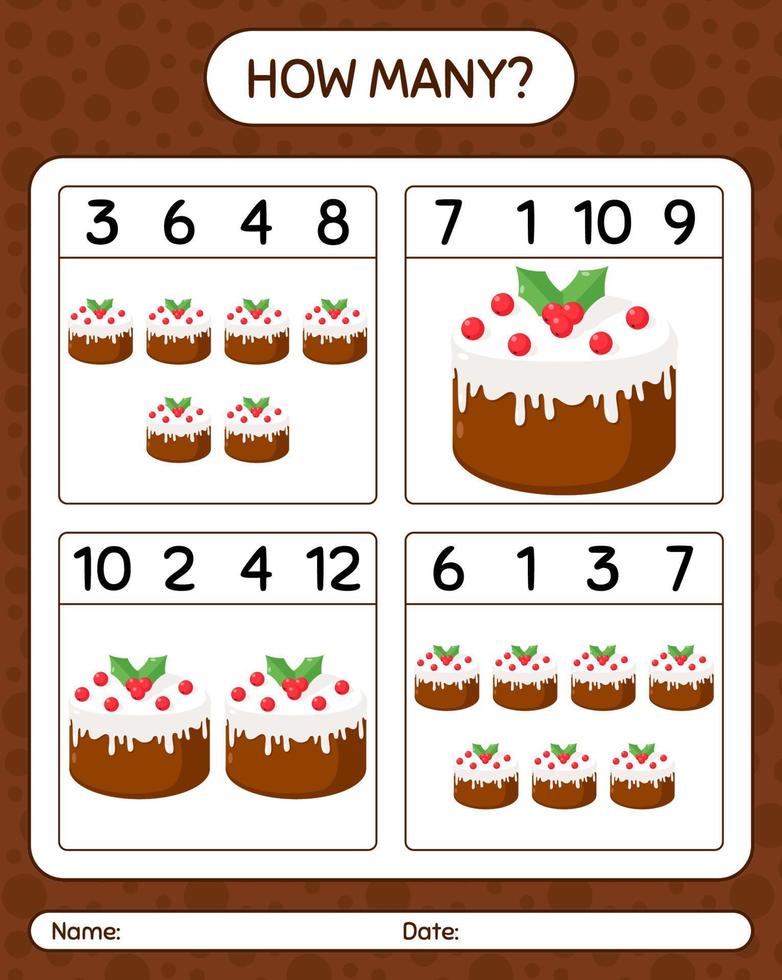 How many counting game with christmas cake. worksheet for preschool kids, kids activity sheet vector