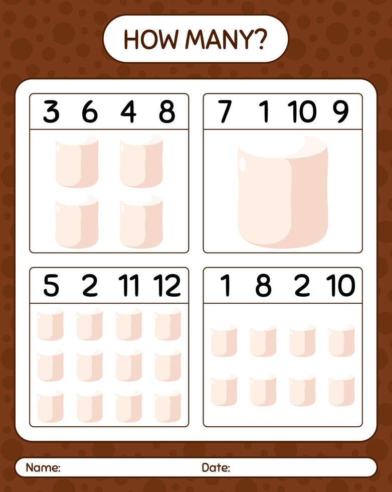 How many counting game with marshmallow. worksheet for preschool kids, kids activity sheet vector