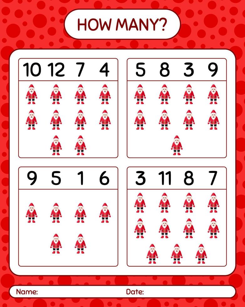 How many counting game with , santa claus. worksheet for preschool kids, kids activity sheet vector