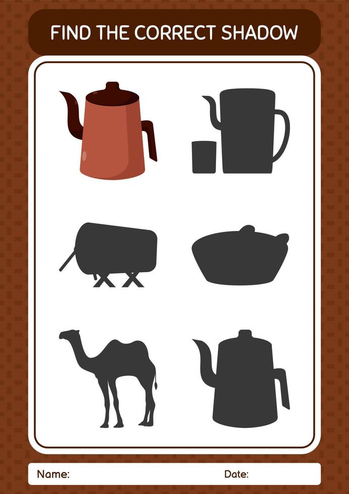 Find the correct shadows game with arabic teapot. worksheet for preschool kids, kids activity sheet vector