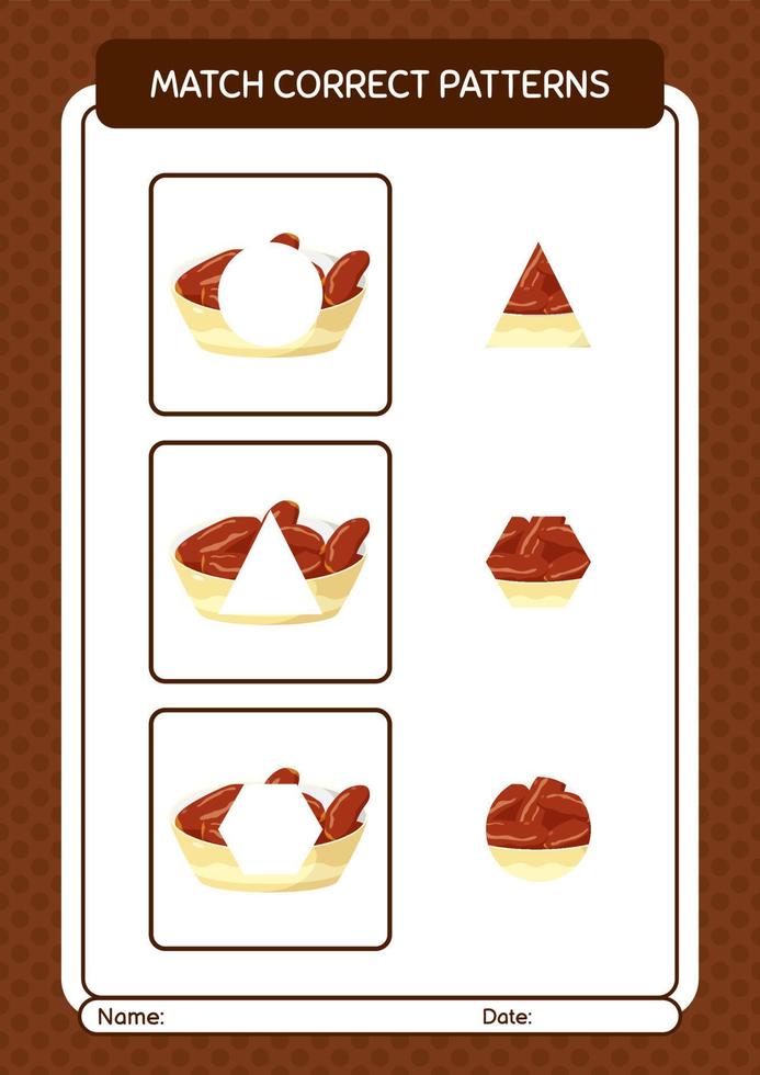 Match pattern game with bowl of dates. worksheet for preschool kids, kids activity sheet vector