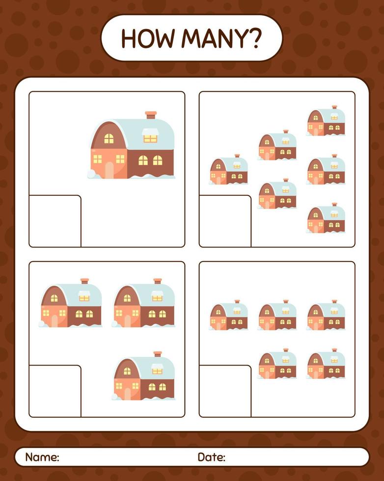 How many counting game with house. worksheet for preschool kids, kids activity sheet vector