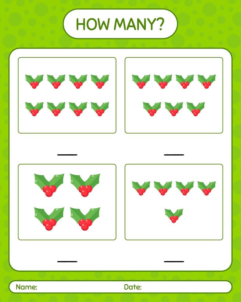 How many counting game with holly berry. worksheet for preschool kids, kids activity sheet vector