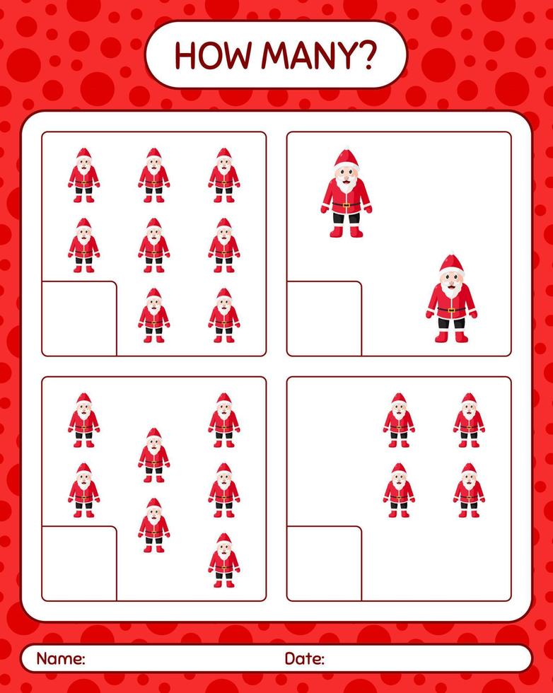 How many counting game with , santa claus. worksheet for preschool kids, kids activity sheet vector