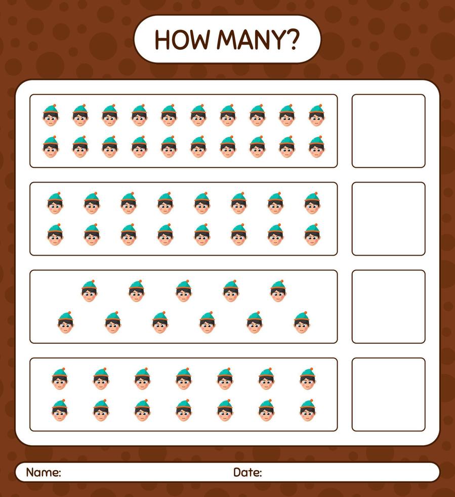 How many counting game with boys. worksheet for preschool kids, kids activity sheet vector