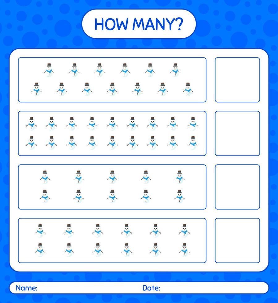 How many counting game with snowman. worksheet for preschool kids, kids activity sheet vector