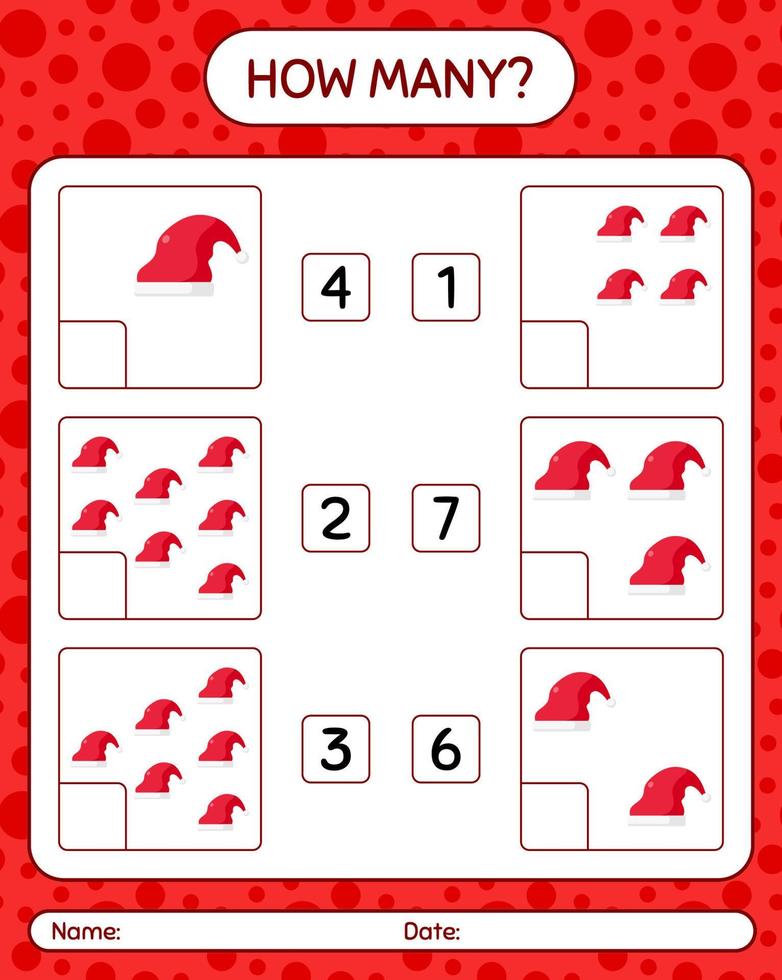 How many counting game with santa hat. worksheet for preschool kids, kids activity sheet vector