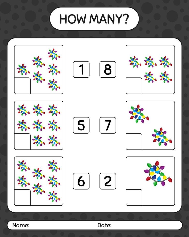 cuántos juegos de conteo con luz de cuerda. hoja de trabajo para niños en edad preescolar, hoja de actividades para niños vector