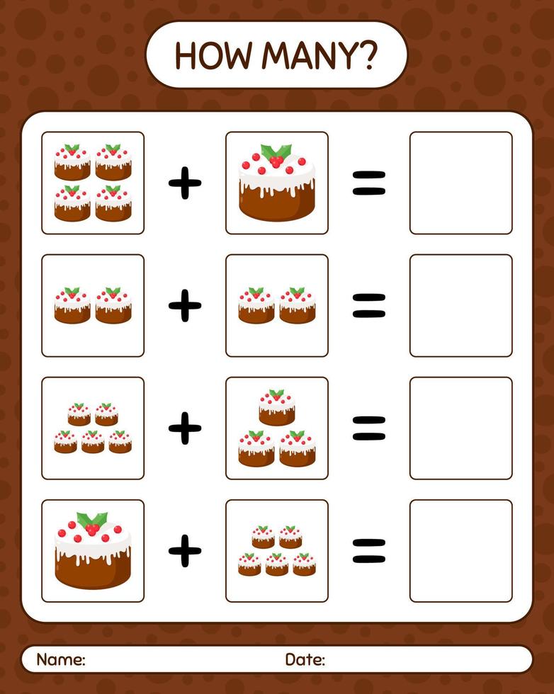 How many counting game with christmas cake. worksheet for preschool kids, kids activity sheet vector