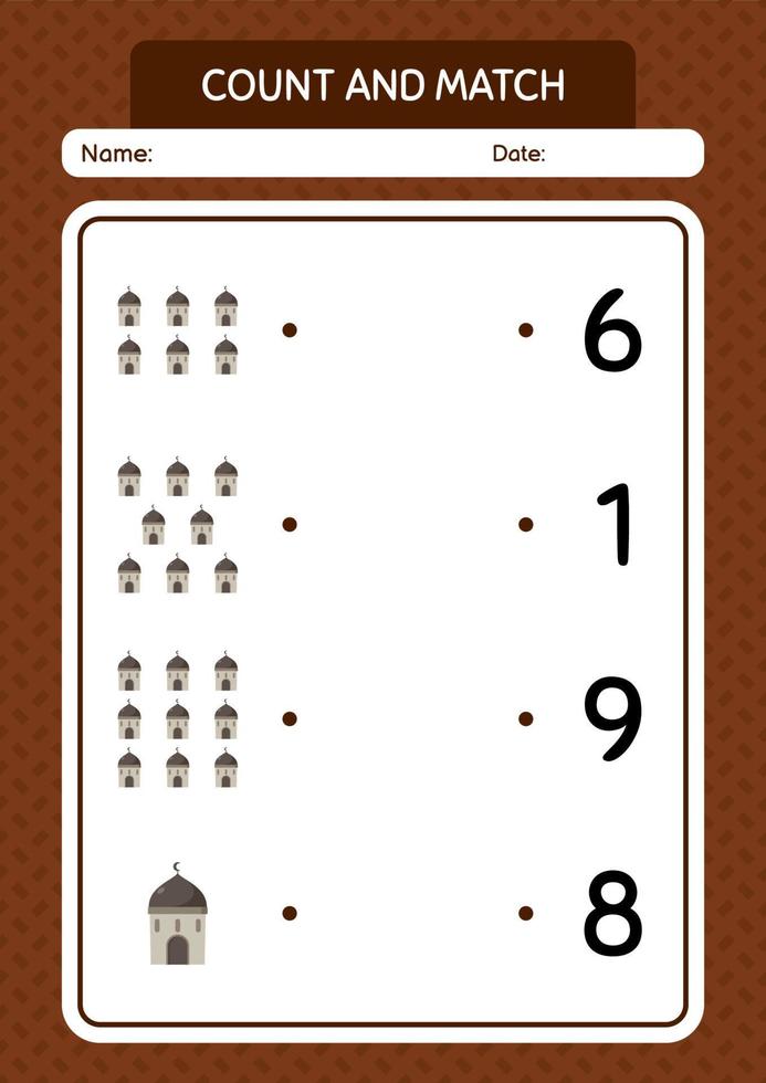 Count and match game with mosque. worksheet for preschool kids, kids activity sheet vector