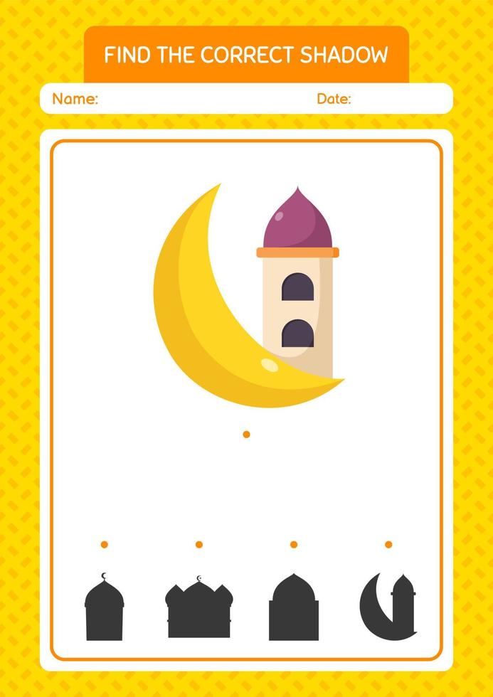 Find the correct shadows game with mosque. worksheet for preschool kids, kids activity sheet vector