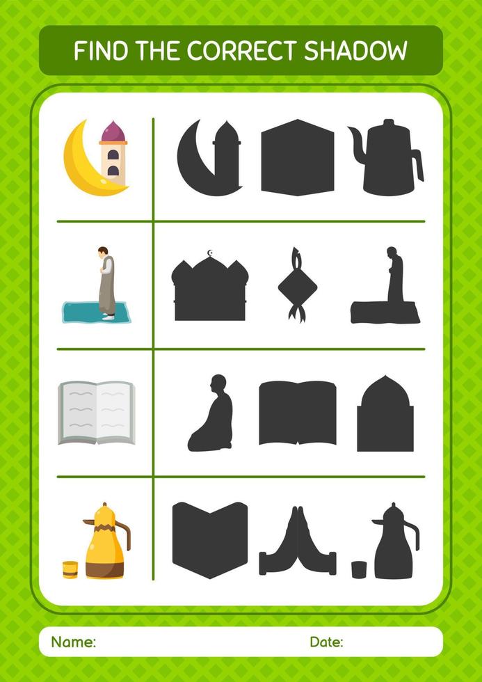 Find the correct shadows game with ramadan icon. worksheet for preschool kids, kids activity sheet vector