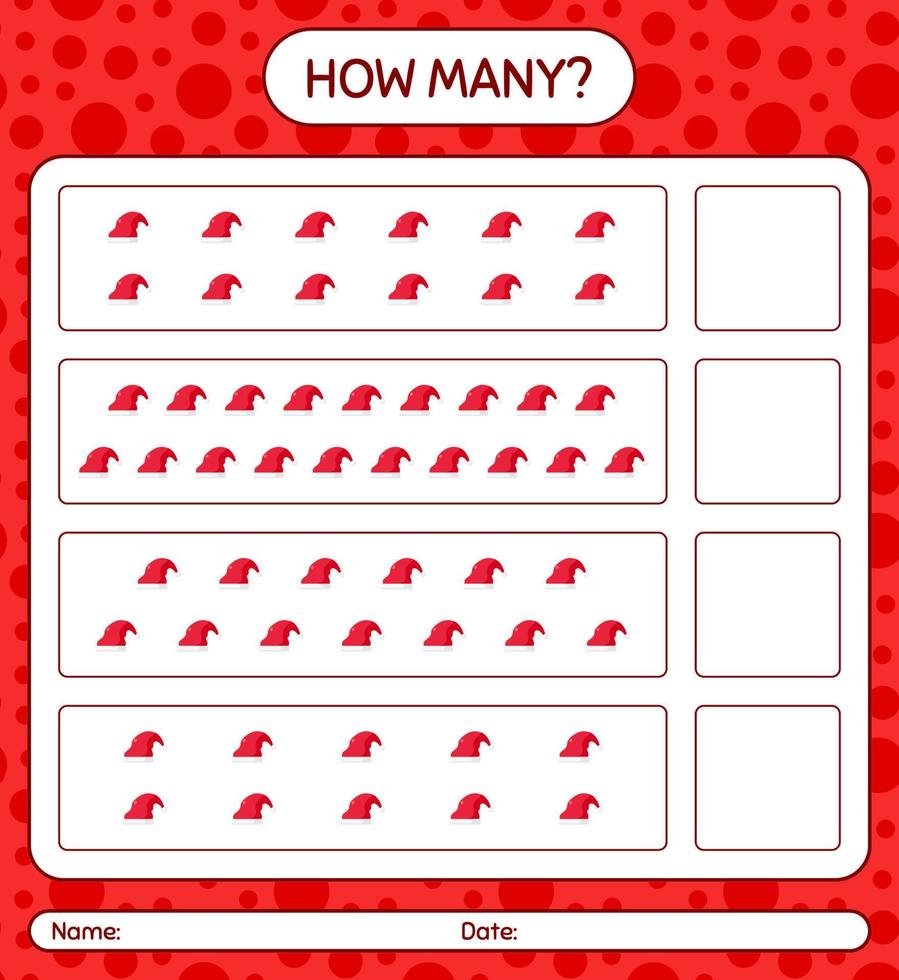 How many counting game with santa hat. worksheet for preschool kids, kids activity sheet vector