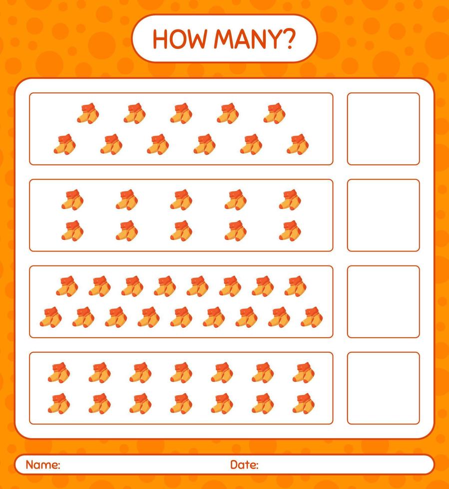 How many counting game with sock. worksheet for preschool kids, kids activity sheet vector