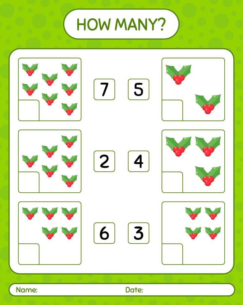 How many counting game with holly berry. worksheet for preschool kids, kids activity sheet vector