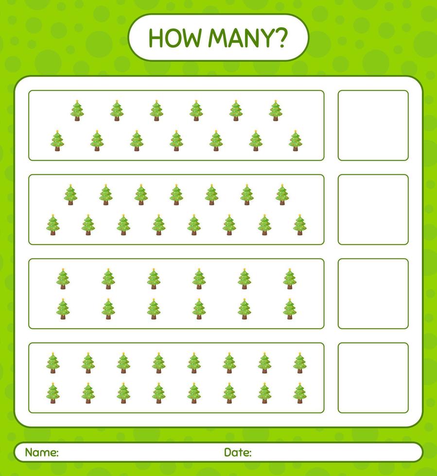 How many counting game with christmas tree. worksheet for preschool kids, kids activity sheet vector