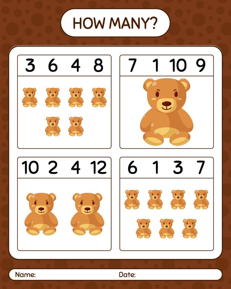How many counting game with teddy bear. worksheet for preschool kids, kids activity sheet vector