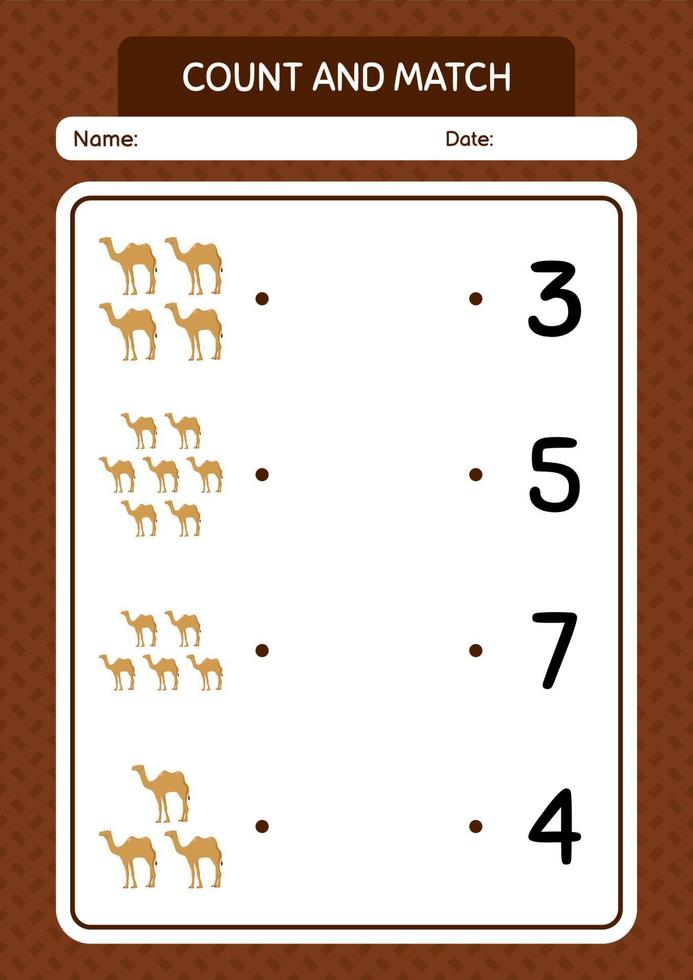 Count and match game with camel. worksheet for preschool kids, kids activity sheet vector