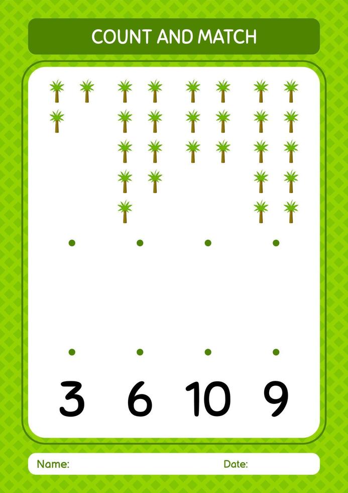 Count and match game with palm tree. worksheet for preschool kids, kids activity sheet vector