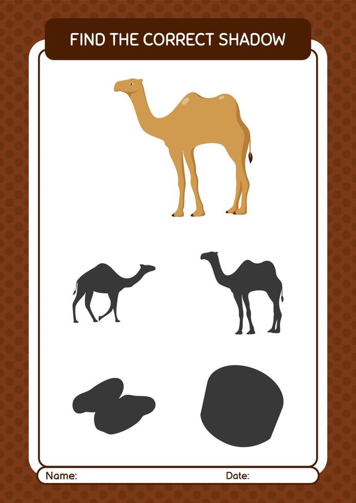 Find the correct shadows game with camel. worksheet for preschool kids, kids activity sheet vector