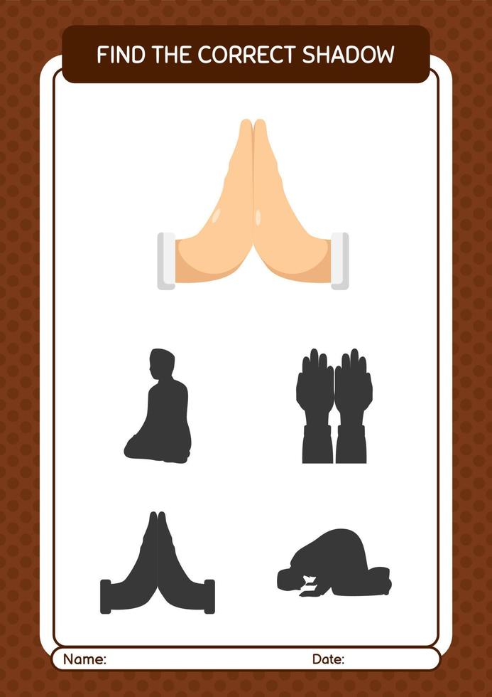 Find the correct shadows game with praying. worksheet for preschool kids, kids activity sheet vector