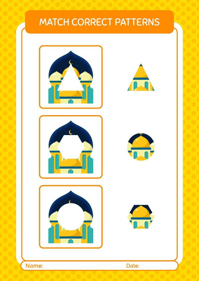 Match pattern game with mosque. worksheet for preschool kids, kids activity sheet vector