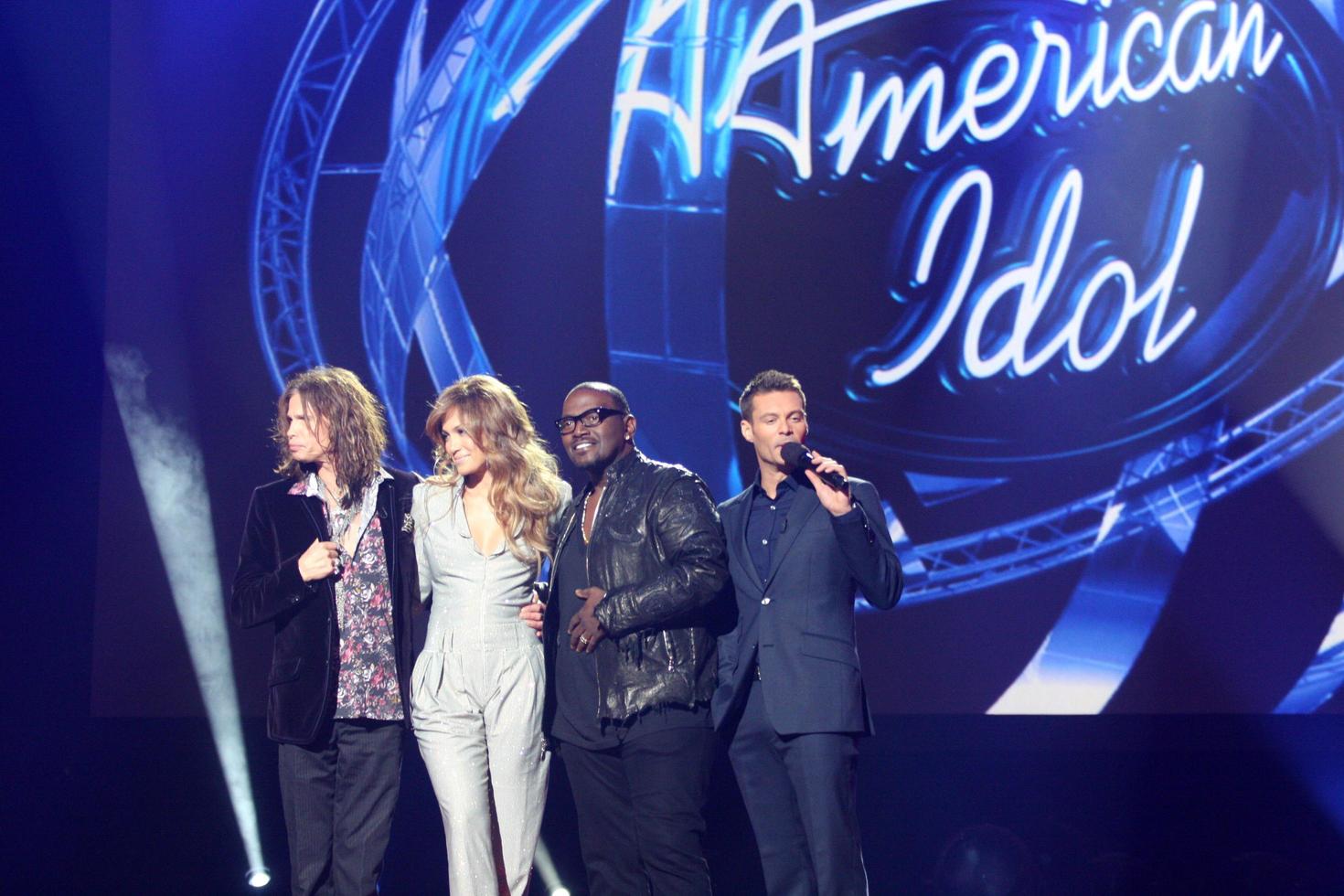 LOS ANGELES  SEP 22 - Stephen Tyler, Jennifer Lopez, Randy Jackson, Ryan Seacrest at the American Idol Season 10 Judges Announcement at Forum on September 22, 2010 in Ingelwood, CA photo