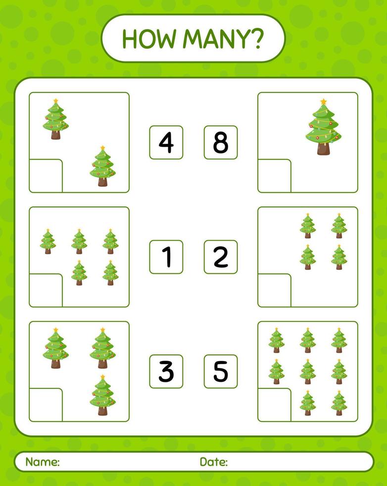 How many counting game with christmas tree. worksheet for preschool kids, kids activity sheet vector