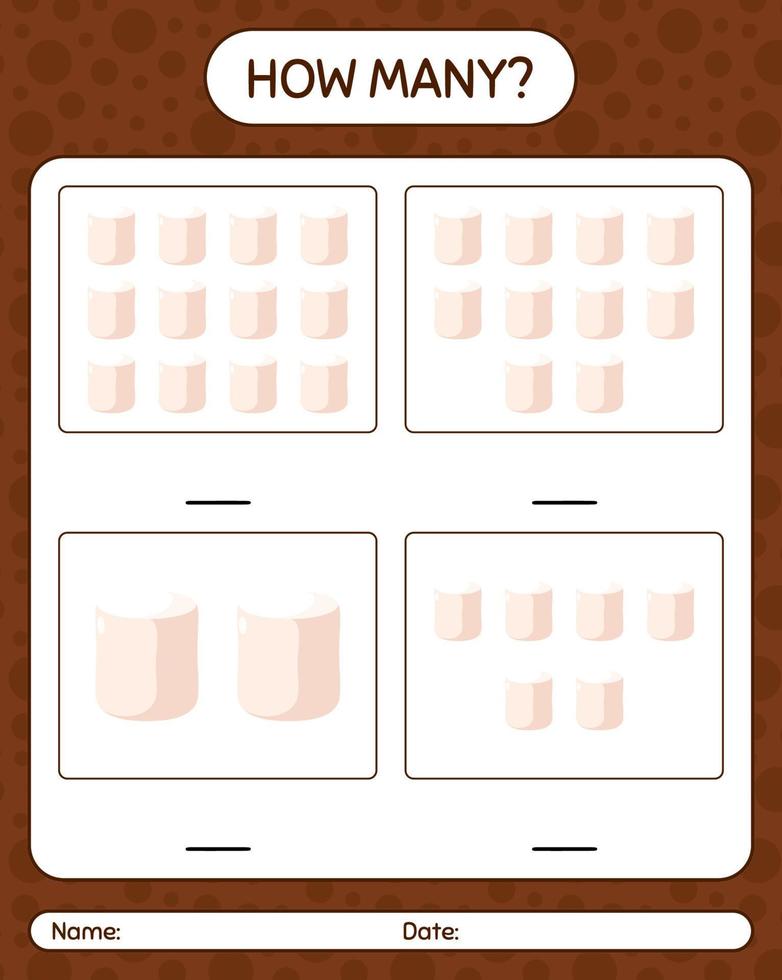 How many counting game with marshmallow. worksheet for preschool kids, kids activity sheet vector