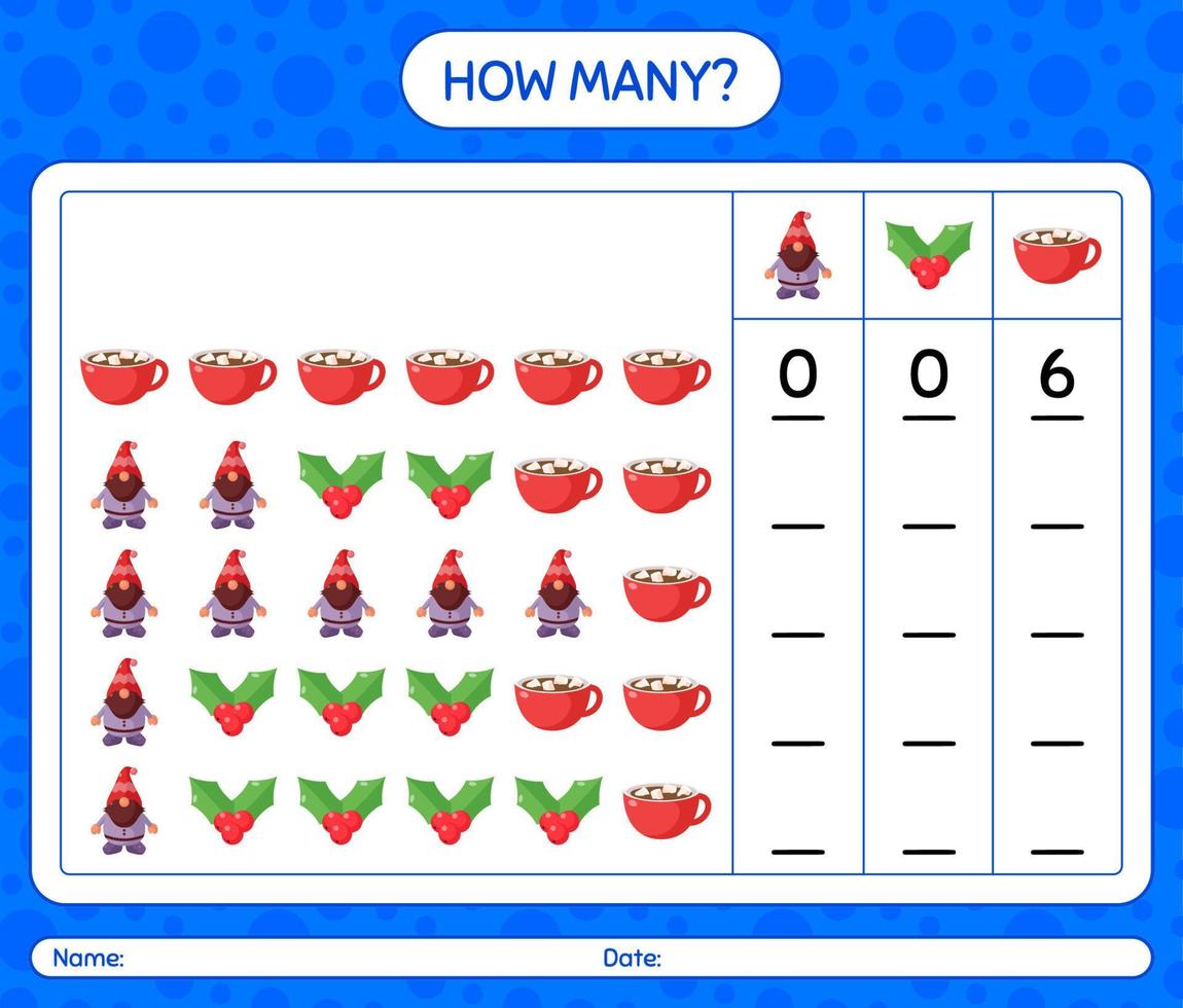 How many counting game with christmas icon. worksheet for preschool kids, kids activity sheet vector